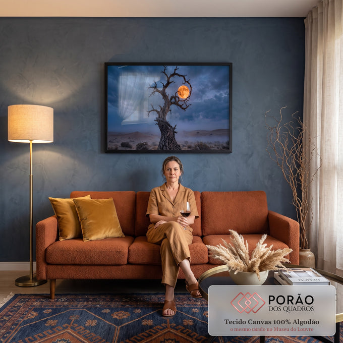 Árvore seca retorcida envolvendo lua cheia laranja sobre dunas do deserto e céu azul, quadro decorativo