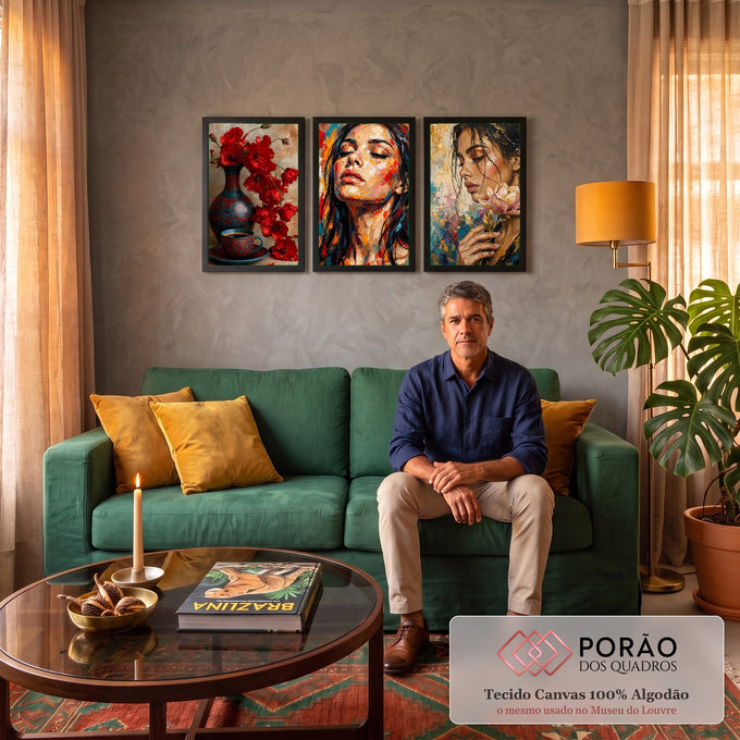 Quadro Decorativo Kit 3 Telas Mulheres Papoulas para Sala | quadros decorativos para sala de estar | tríptico com papoulas vermelhas, retrato feminino colorido e mulher segurando flor rosa com fundo dourado | em ambiente 3 | Porao dos Quadros