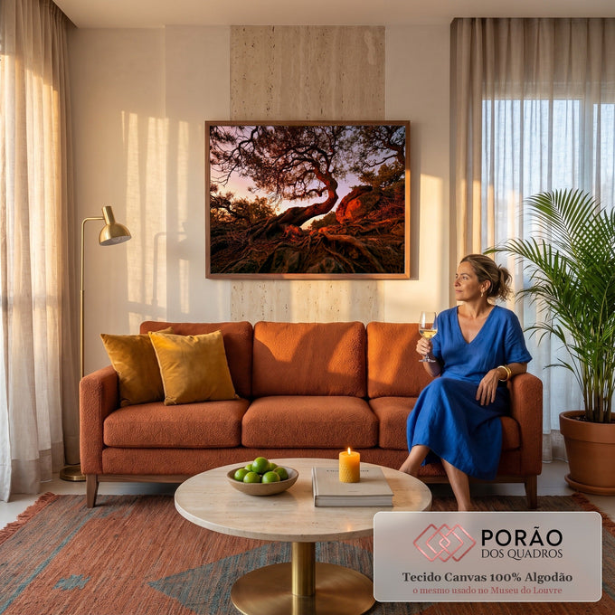 Pinheiro de tronco curvo com raízes expostas sobre rochas iluminadas ao entardecer, quadro decorativo