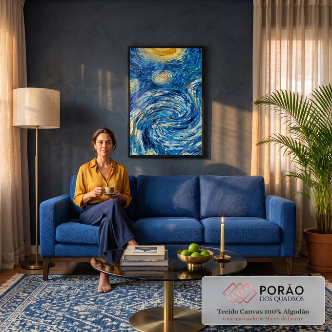 Quadro Decorativo Grande Redemoinho e Estrelas para Sala | quadros decorativos para sala de estar | detalhe de pintura com redemoinhos azuis e espirais douradas em textura grossa | em ambiente 3 | Porao dos Quadros