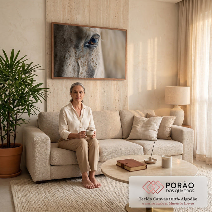 Quadro Decorativo Grande Olho de Cavalo para Sala Bege | quadros decorativos para sala de estar | close-up do olho de um cavalo branco com pelagem salpicada e cílios longos | em ambiente 3 | Porao dos Quadros