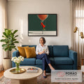 Quadro Decorativo Grande Mulher de Vermelho para Sala | quadros decorativos para sala de estar | mulher de vestido laranja em balanço com balão trançado bege suspenso sobre fundo verde | em ambiente 3 | Porao dos Quadros