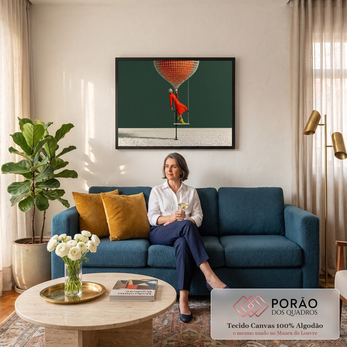 Quadro Decorativo Grande Mulher de Vermelho para Sala | quadros decorativos para sala de estar | mulher de vestido laranja em balanço com balão trançado bege suspenso sobre fundo verde | em ambiente 3 | Porao dos Quadros