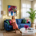 Quadro Decorativo Grande Casa para Sala Rosa | quadros decorativos para sala de estar | casa branca com porta azul coberta por flores rosa-magenta de bougainville | em ambiente 3 | Porao dos Quadros