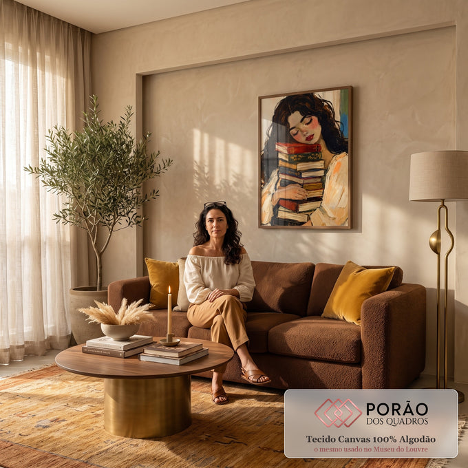 Quadro Decorativo Grande Mulher Dormindo para Sala Bege | quadros decorativos para sala de estar | mulher de cabelo escuro descansando sobre pilha de livros coloridos em pintura expressiva | em ambiente 3 | Porao dos Quadros