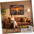 Quadro Decorativo Grande Cais Veleiros para Sala Laranja | quadros decorativos para sala de estar | cais de madeira ao pôr do sol com cachorro, bicicleta e veleiros ao fundo | em ambiente 3 | Porao dos Quadros