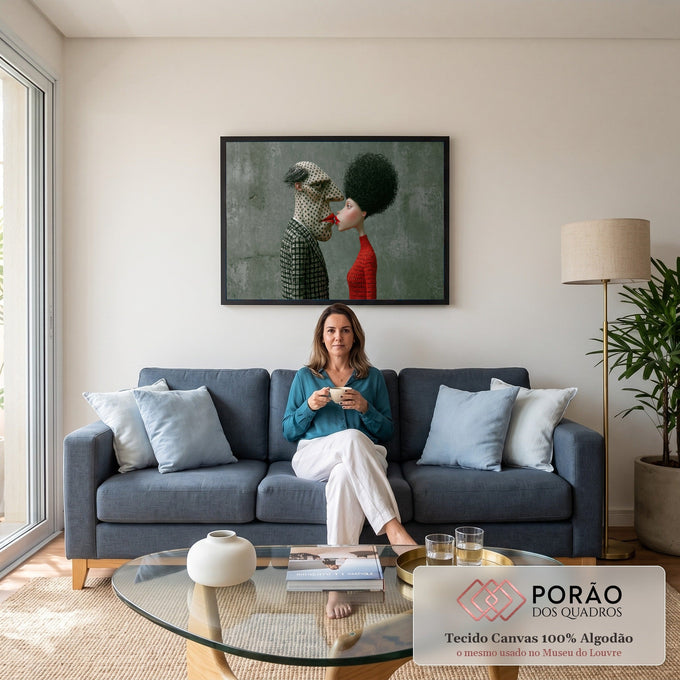 Casal surreal se beijando, homem de bolinhas e blazer xadrez, mulher de suéter vermelho, quadro decorativo