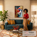 Rosto de gueixa com sol vermelho, pagode dourado, cerejeira e pássaros brancos, quadro decorativo