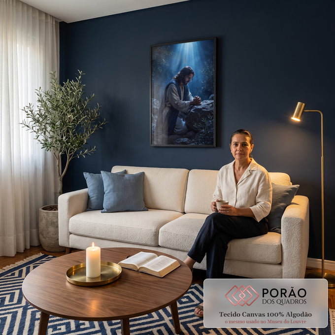 Quadro Decorativo Grande Jesus em Oração Azul para Sala | quadros decorativos para sala de estar | homem ajoelhado em oração sob feixe de luz azul entre oliveiras à noite | em ambiente 3 | Porao dos Quadros