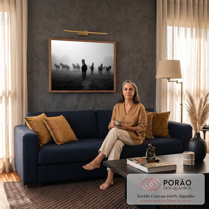 Cavalo negro à frente de uma manada no campo com névoa, em fotografia preto e branco, quadro decorativo