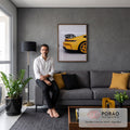 Traseira de Porsche GT3 amarelo com aerofólio de carbono e rodas amarelas, quadro decorativo