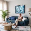 Quadro Decorativo Grande Ondas do Mar para Sala Azul | quadros decorativos para sala de estar | vista aérea do mar com espuma branca formando padrões sobre água azul turquesa | em ambiente 3 | Porao dos Quadros