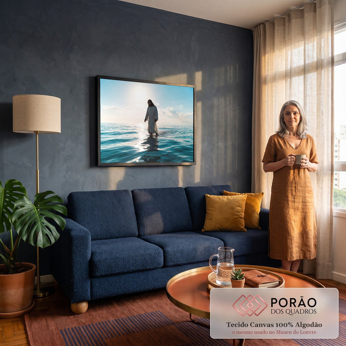 Quadro Decorativo Grande Jesus Caminhando Mar para Sala Azul | quadros decorativos para sala de estar | homem de túnica branca caminhando sobre o mar com sol ao fundo | em ambiente 3 | Porao dos Quadros
