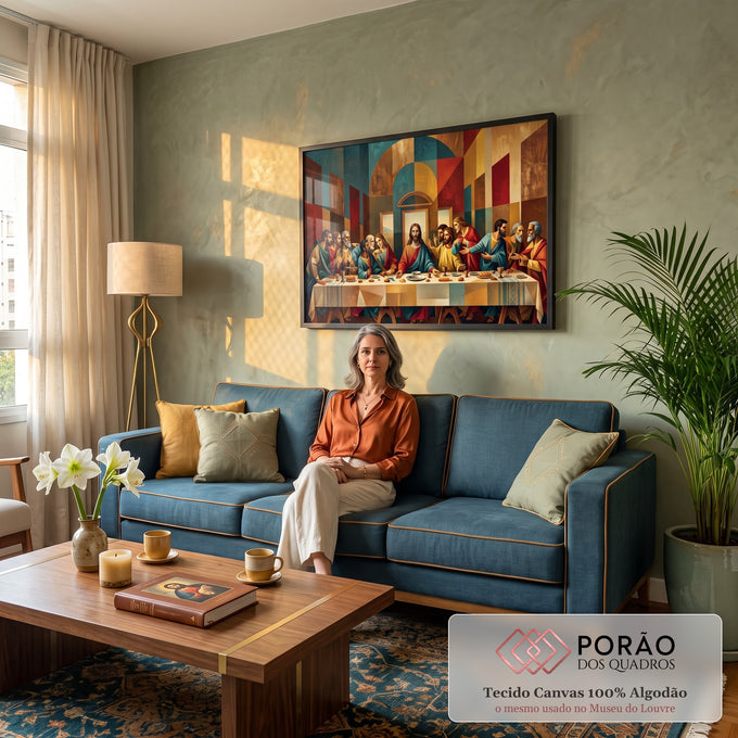 Quadro Decorativo santa Ceia com geométrica em sala de estar moderna - quadros decorativos para sala