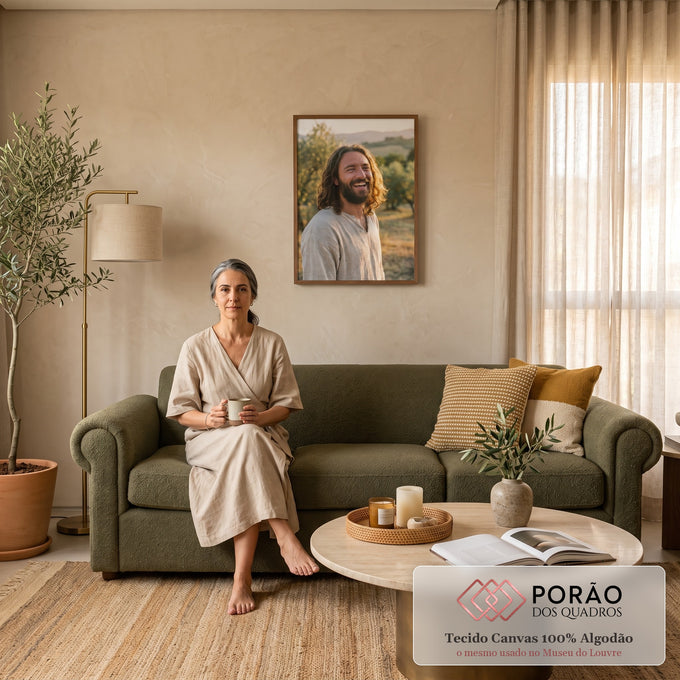 Quadro Decorativo Grande Homem de Jesus para Sala Bege | quadros decorativos para sala de estar | homem de barba sorrindo em túnica bege num olival ao entardecer | em ambiente 3 | Porao dos Quadros
