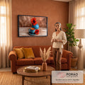 Xícara azul de café expresso, vaso azul e papoulas vermelhas sobre mesa de madeira rústica, quadro decorativo