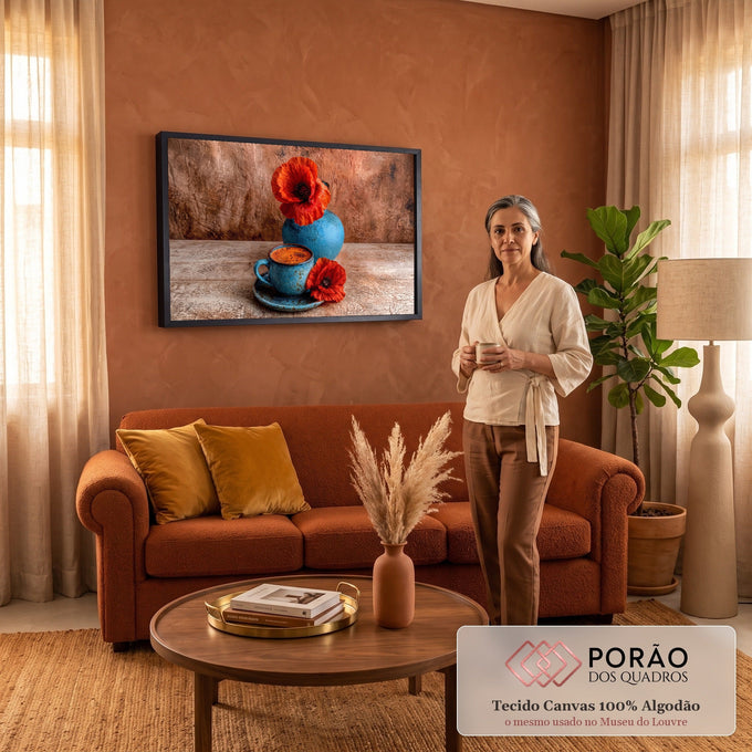 Xícara azul de café expresso, vaso azul e papoulas vermelhas sobre mesa de madeira rústica, quadro decorativo