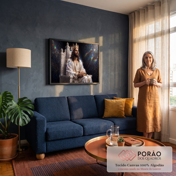 Jesus Cristo coroado sentado em trono de mármore com livro sagrado sob céu estrelado, quadro decorativo