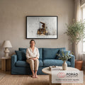 Quadro Decorativo Grande Fachada Moderna para Escritório | quadros decorativos para sala de estar | fachada moderna de vidro e madeira sobreposta a esboço técnico arquitetônico | em ambiente 3 | Porao dos Quadros