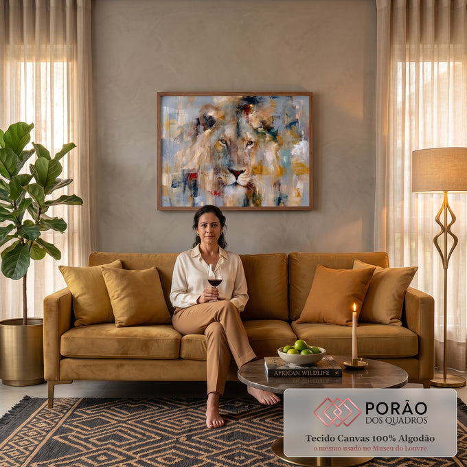 Quadro Decorativo Grande Leão Abstrato para Sala Cinza | quadros decorativos para sala de estar | rosto de leão abstrato em pinceladas de cinza, bege e dourado | em ambiente 3 | Porao dos Quadros