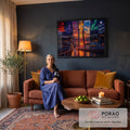Quadro Decorativo Grande Ponte para Sala Laranja | quadros decorativos para sala de estar | ponte estaiada com painéis mostrando céus diferentes, aurora, lua e pôr do sol | em ambiente 3 | Porao dos Quadros