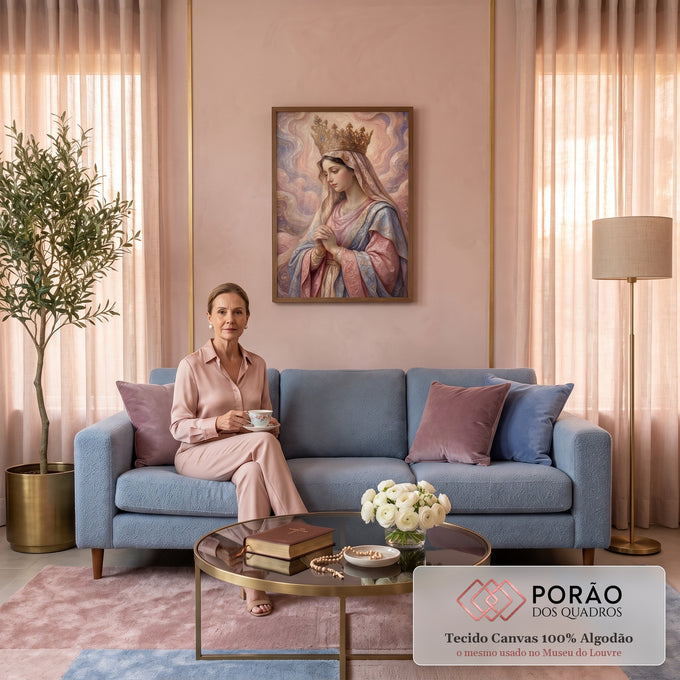 Quadro Decorativo Grande Nossa Senhora para Sala Rosa | quadros decorativos para sala de estar | Nossa Senhora coroada em oração, véu rosa e manto azul sobre fundo pastel ondulado | em ambiente 3 | Porao dos Quadros