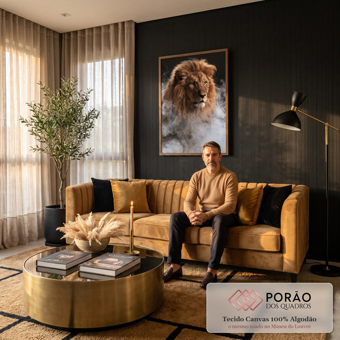Leão de juba dourada e olhar âmbar envolto em fumaça branca sobre fundo preto, quadro decorativo