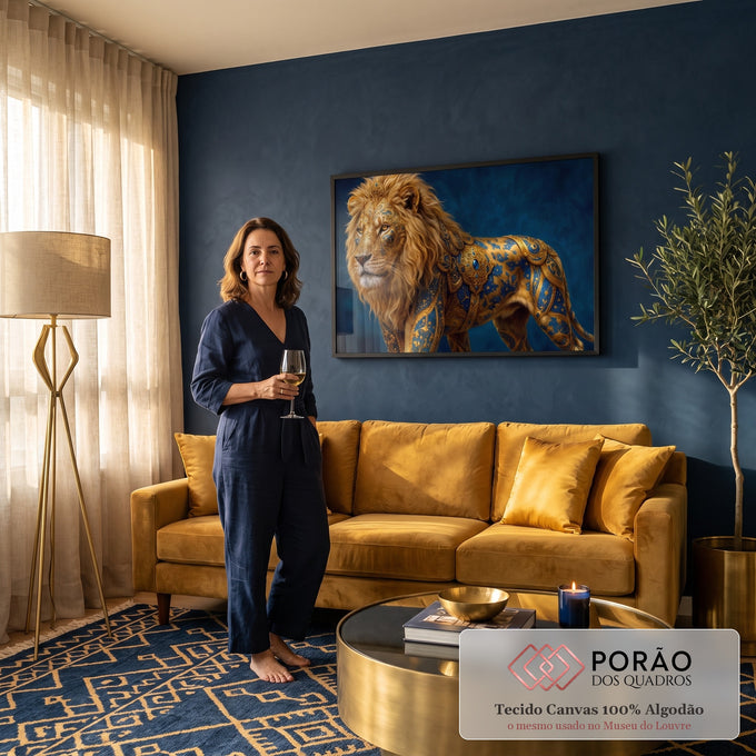 Leão majestoso com armadura dourada ornamentada e pedras azuis sobre fundo azul profundo, quadro decorativo