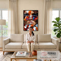 Quadro Decorativo Mulher Óculos Espelhado Laranja e Branco em sala de estar moderna - quadros decorativos para sala