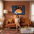 Gato laranja dormindo ao lado de vitrola retrô com disco de vinil sobre fundo azul, quadro decorativo