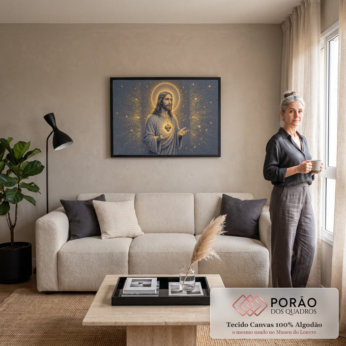 Jesus de mãos abertas com o Sagrado Coração dourado, auréola e estrelas em fundo cinza, quadro decorativo