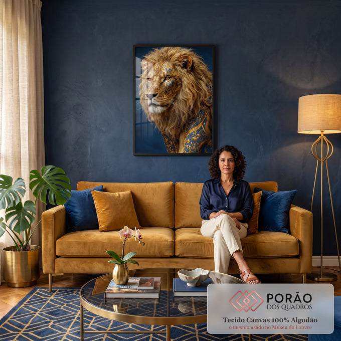 Quadro Decorativo Grande Leão com Juba Dourado para Sala | quadros decorativos para sala de estar | leão com juba dourada e ornamentos entalhados em ouro e azul no rosto | em ambiente 3 | Porao dos Quadros