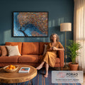 Quadro Decorativo Árvore em Turbilhão Azul e Dourado | quadros decorativos para sala de estar | árvore preta em meio a turbilhão de linhas azuis e douradas | em ambiente 3 | Porao dos Quadros