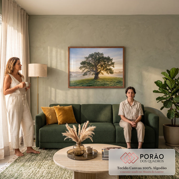 Quadro Decorativo Grande Árvore Solitária para Sala Verde | quadros decorativos para sala de estar | árvore solitária com sol nascendo entre os galhos sobre colina com névoa | em ambiente 3 | Porao dos Quadros