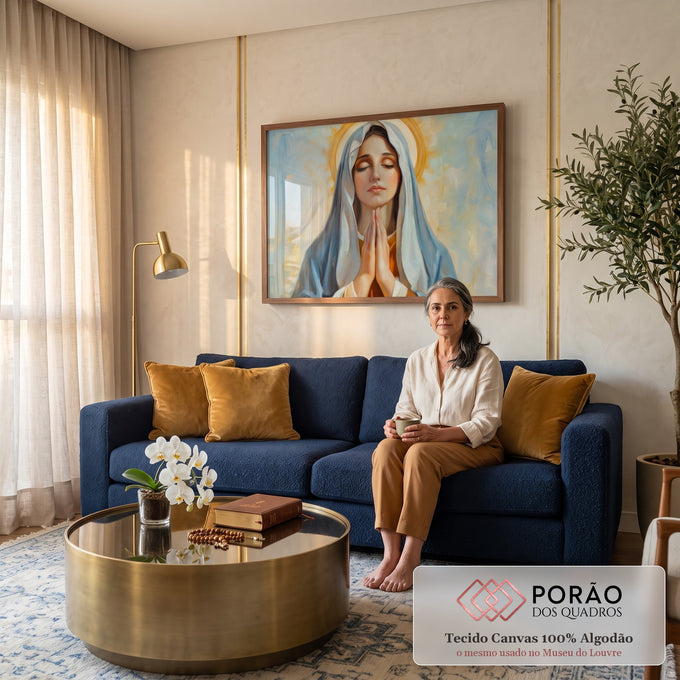 Quadro Decorativo Grande Nossa Senhora Paz para Sala Azul | quadros decorativos para sala de estar | Nossa Senhora em oração com véu azul e auréola dourada, olhos fechados | em ambiente 3 | Porao dos Quadros