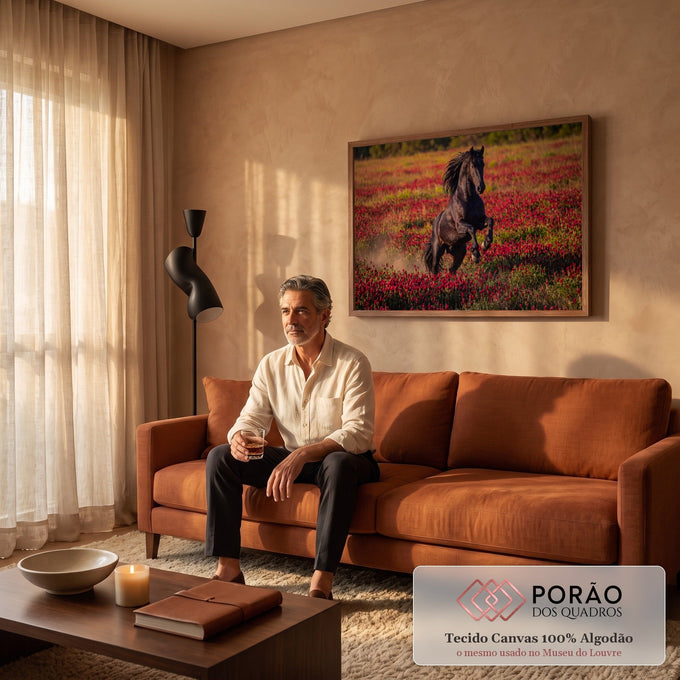 Quadro Decorativo Grande Cavalo Negro Campo para Sala Preto | quadros decorativos para sala de estar | cavalo negro empinado em campo de flores vermelhas sob luz dourada | em ambiente 3 | Porao dos Quadros
