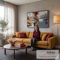 Pintura de rio calmo no outono com bétulas, folhas vermelhas e amarelas e pedras, quadro decorativo