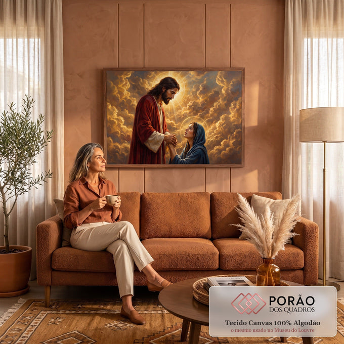 Jesus Cristo de manto vermelho segura as mãos de mulher de véu azul entre nuvens douradas, quadro decorativo