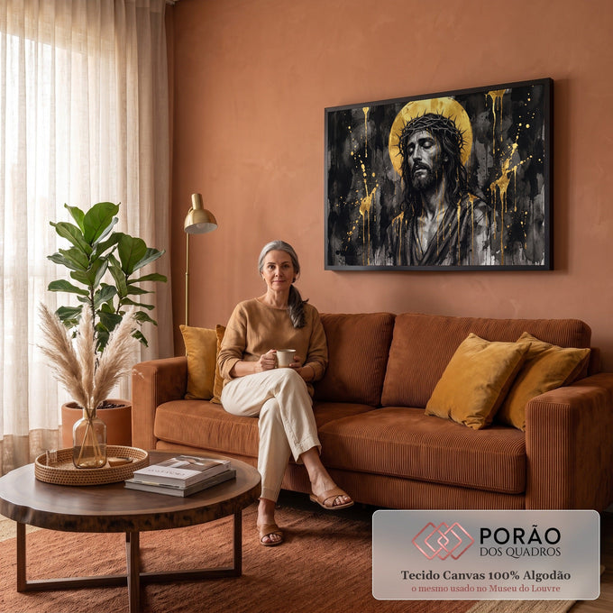 Jesus com coroa de espinhos e halo dourado, tinta dourada escorrendo sobre fundo preto, quadro decorativo