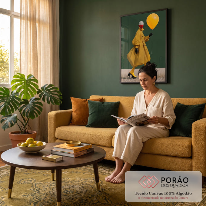 Quadro Decorativo Grande Figura de Casaco para Sala Amarelo | quadros decorativos para sala de estar | figura estilizada de casaco amarelo xadrez segurando balão amarelo sobre fundo verde | em ambiente 3 | Porao dos Quadros