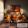 Quadro Decorativo Grande Árvore Silhueta Laranja para Sala | quadros decorativos para sala de estar | árvore sem folhas em silhueta contra céu laranja de pôr do sol | em ambiente 3 | Porao dos Quadros