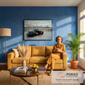 Porsche 911 Targa preto com interior caramelo e portas abertas diante do skyline de Nova York, quadro decorativo