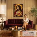 Quadro Decorativo Grande Sagrado Coração Vitral para Sala | quadros decorativos para sala de estar | Jesus com coroa de espinhos segurando o Sagrado Coração em chamas sobre fundo de vitral dourado | em ambiente 3 | Porao dos Quadros