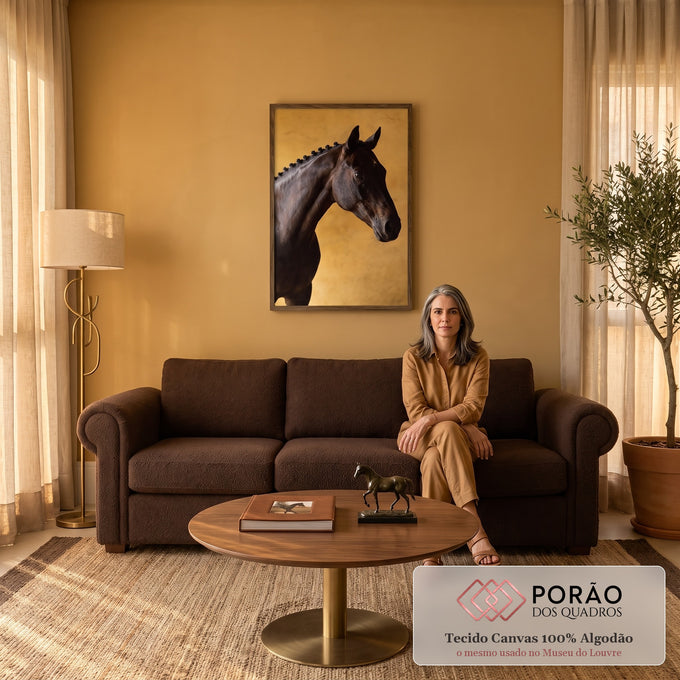 Cavalo escuro de perfil com crina trançada em fundo dourado texturizado, fotografia, quadro decorativo