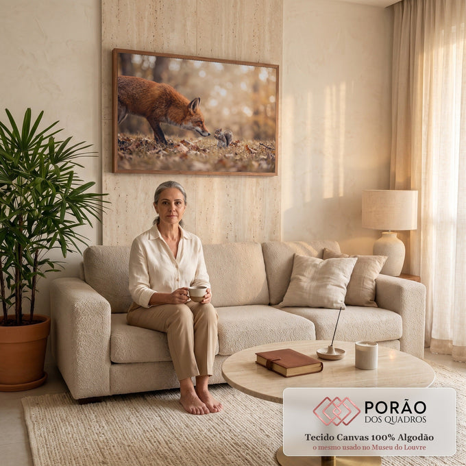 Quadro Decorativo Grande Raposa e Esquilo para Sala Laranja | quadros decorativos para sala de estar | raposa vermelha farejando um esquilo cinza sobre folhas secas de outono | em ambiente 3 | Porao dos Quadros