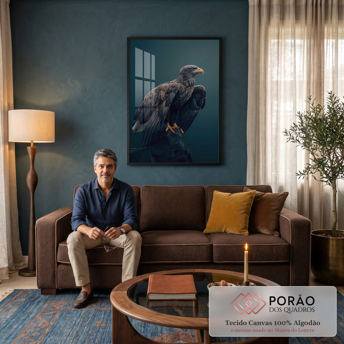 Águia marrom de asas semiabertas pousada em rocha escura sobre fundo azul petróleo, quadro decorativo