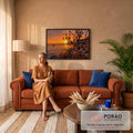 Árvore com amuletos olho grego, cabaças e conchas diante do mar ao pôr do sol laranja, quadro decorativo