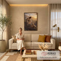 Quadro Decorativo Grande Jesus Bom Pastor Dourado para Sala | quadros decorativos para sala de estar | Jesus com cajado estendendo a mão para uma ovelha em montanha ao pôr do sol | em ambiente 3 | Porao dos Quadros