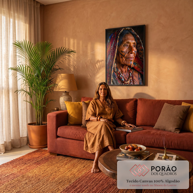 Quadro Decorativo Grande Retrato de Mulher para Sala | quadros decorativos para sala de estar | retrato de mulher idosa indígena com tatuagens faciais e véu colorido | em ambiente 3 | Porao dos Quadros