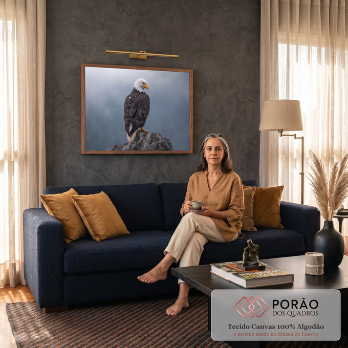 Águia americana de cabeça branca pousada em rocha com fundo de neblina cinza, quadro decorativo